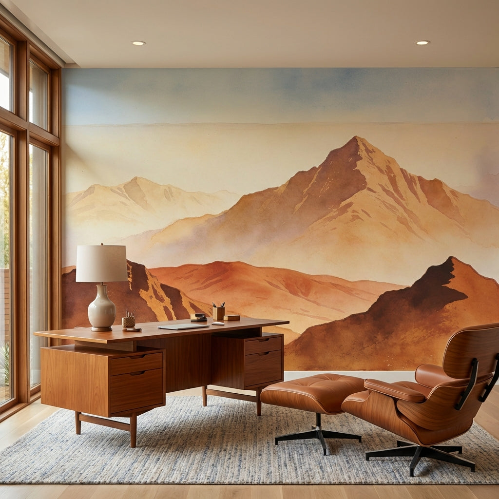 Terracotta Alpine Mist Watercolor Mural Earthy Biophilic Landscape – scale reference, Golden Era Walls