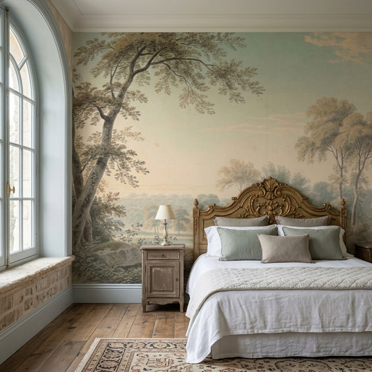 Vintage Pastoral Watercolor Landscape Mural – lifestyle view, Golden Era Walls