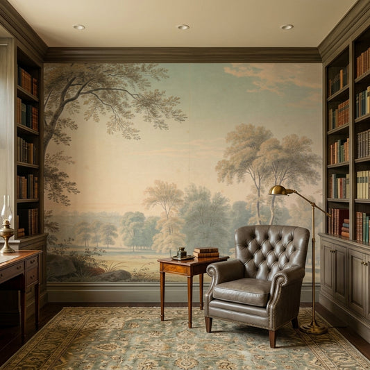 Vintage Pastoral Watercolor Landscape Mural – detail view, Golden Era Walls