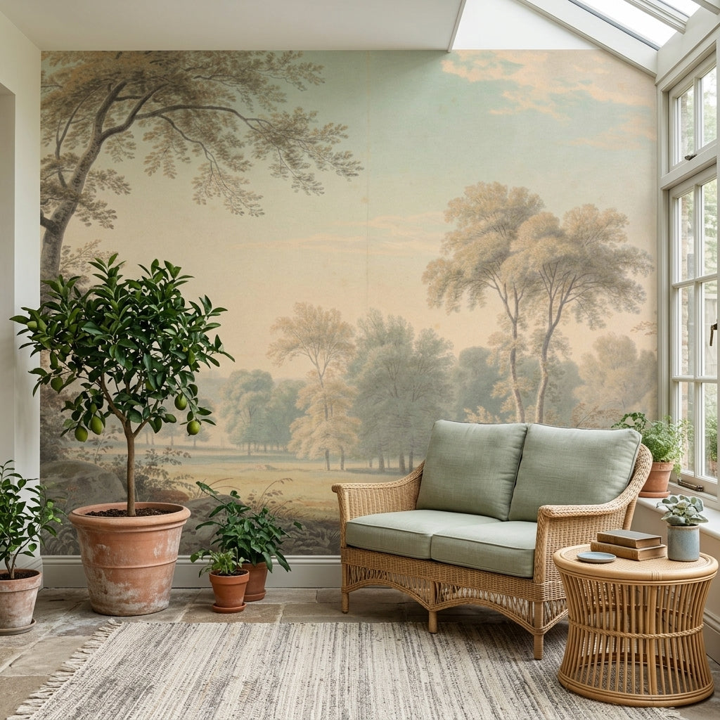 Vintage Pastoral Watercolor Landscape Mural – scale reference, Golden Era Walls