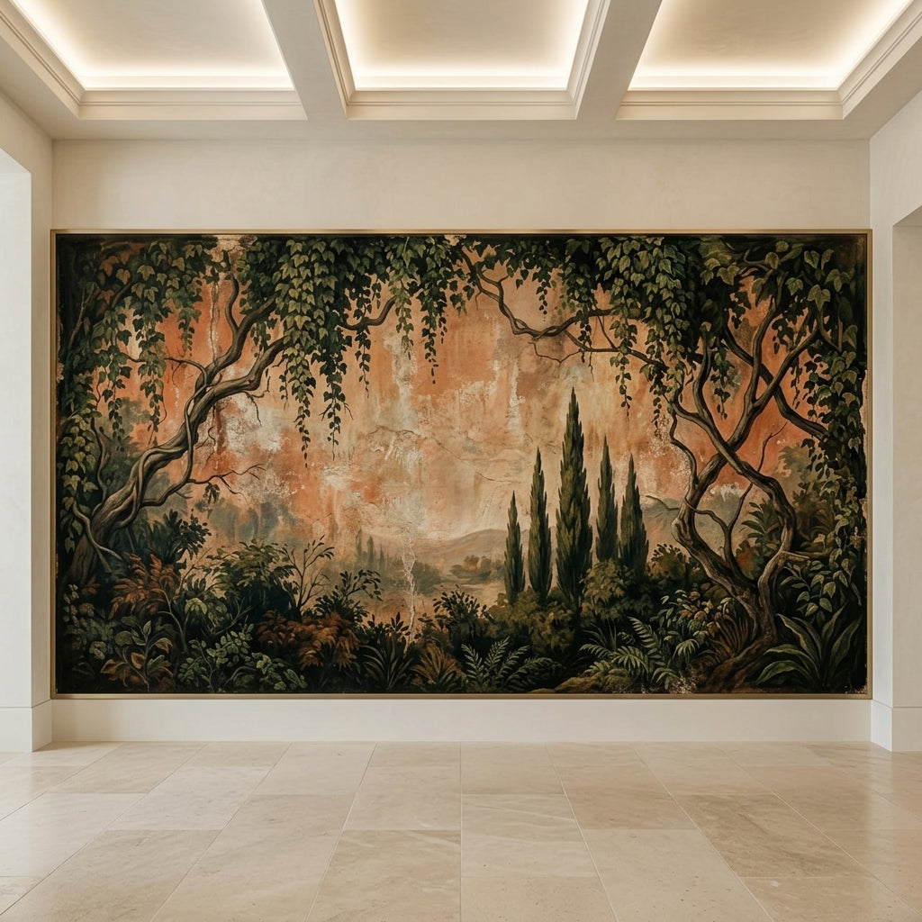 Moody Antique Tuscan Fresco Mural Distressed Botanical Landscape – lifestyle view, Golden Era Walls