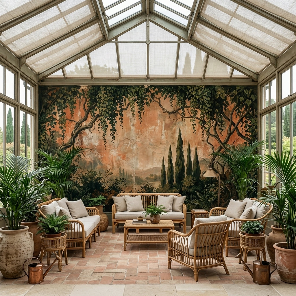 Moody Antique Tuscan Fresco Mural Distressed Botanical Landscape – scale reference, Golden Era Walls