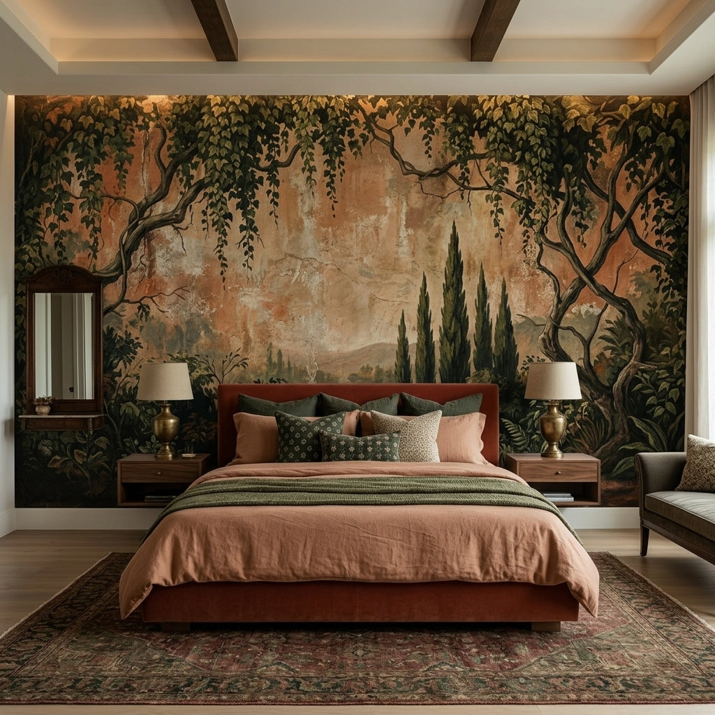 Moody Antique Tuscan Fresco Mural Distressed Botanical Landscape – room setting, Golden Era Walls