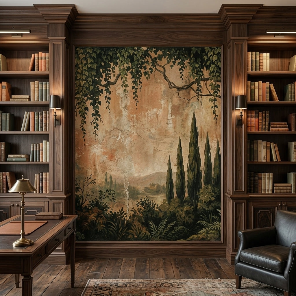 Moody Antique Tuscan Fresco Mural Distressed Botanical Landscape – detail view, Golden Era Walls