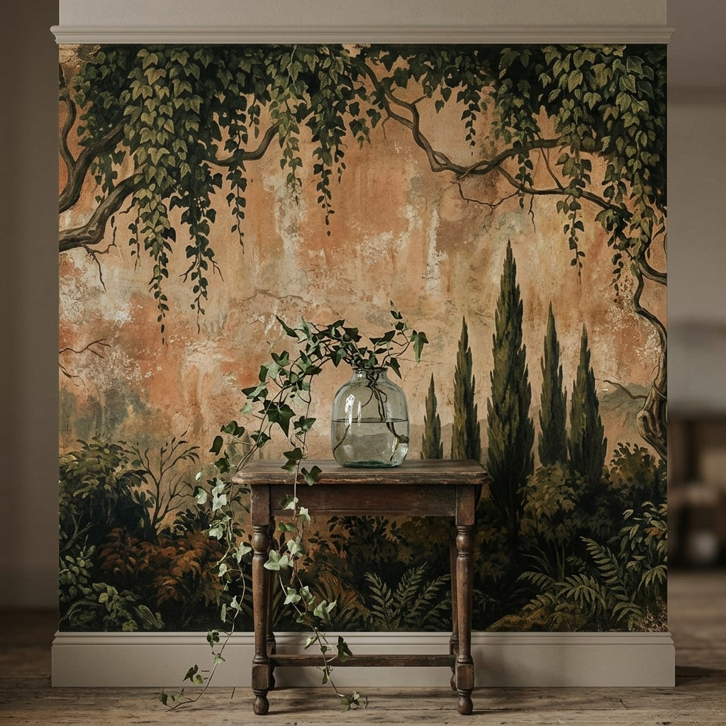 Moody Antique Tuscan Fresco Mural Distressed Botanical Landscape – alternate view, Golden Era Walls
