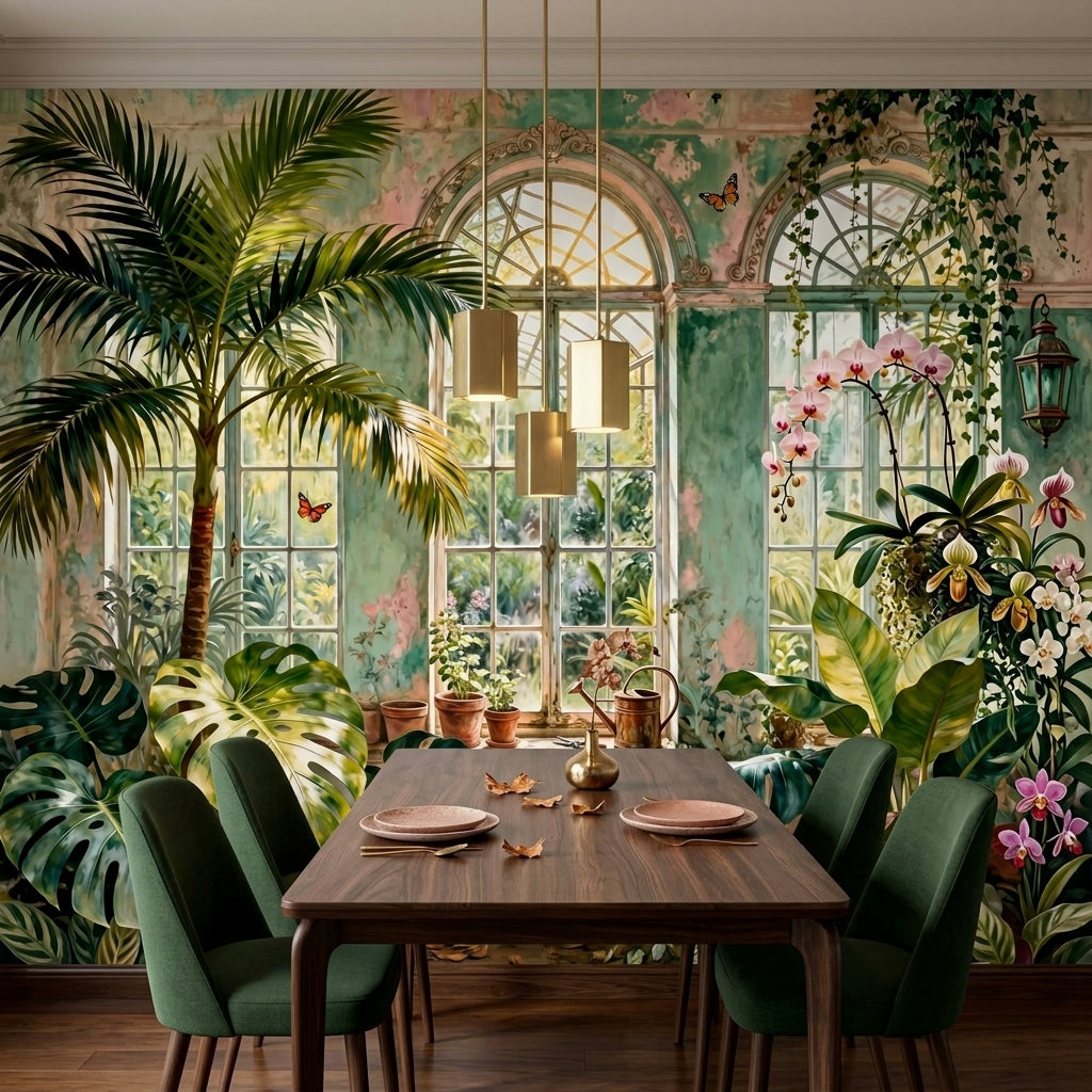Vintage Botanical Conservatory Mural Moody Victorian Greenhouse – room setting, Golden Era Walls
