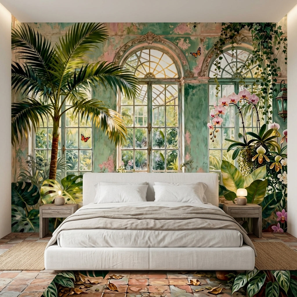 Vintage Botanical Conservatory Mural Moody Victorian Greenhouse – lifestyle view, Golden Era Walls