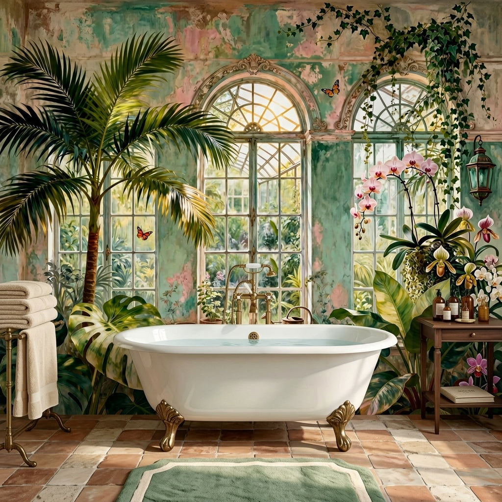 Vintage Botanical Conservatory Mural Moody Victorian Greenhouse – detail view, Golden Era Walls