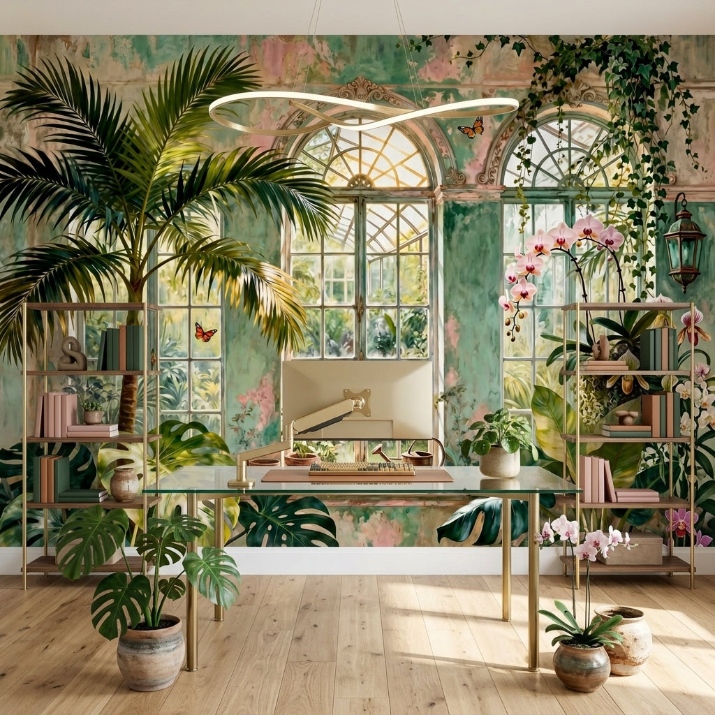 Vintage Botanical Conservatory Mural Moody Victorian Greenhouse – scale reference, Golden Era Walls
