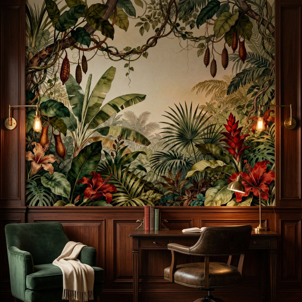 Vintage Botanical Rainforest Mural Sepia Banana Leaf and Red Hibiscus – peel and stick wallpaper mural, Golden Era Walls