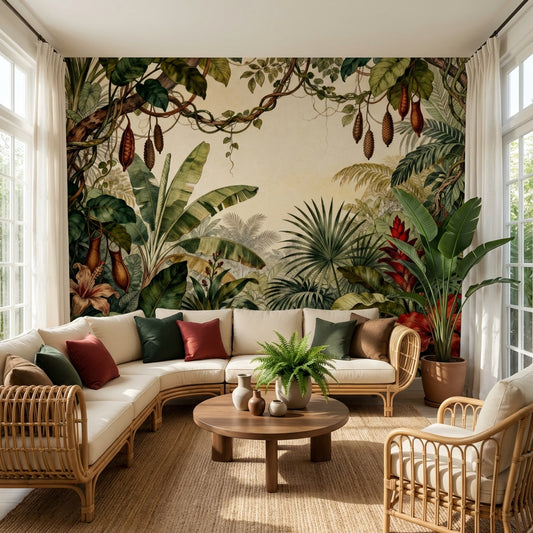 Vintage Botanical Rainforest Mural Sepia Banana Leaf and Red Hibiscus – room setting, Golden Era Walls