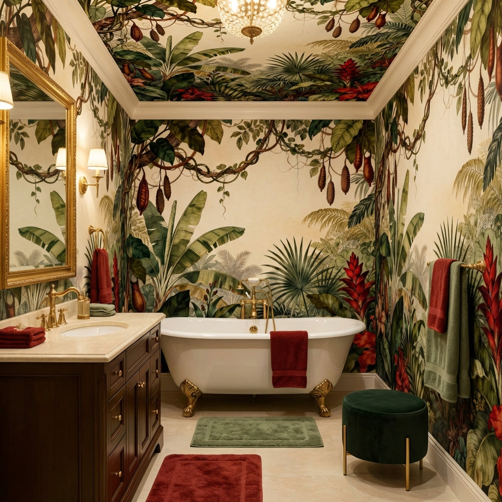 Vintage Botanical Rainforest Mural Sepia Banana Leaf and Red Hibiscus – lifestyle view, Golden Era Walls