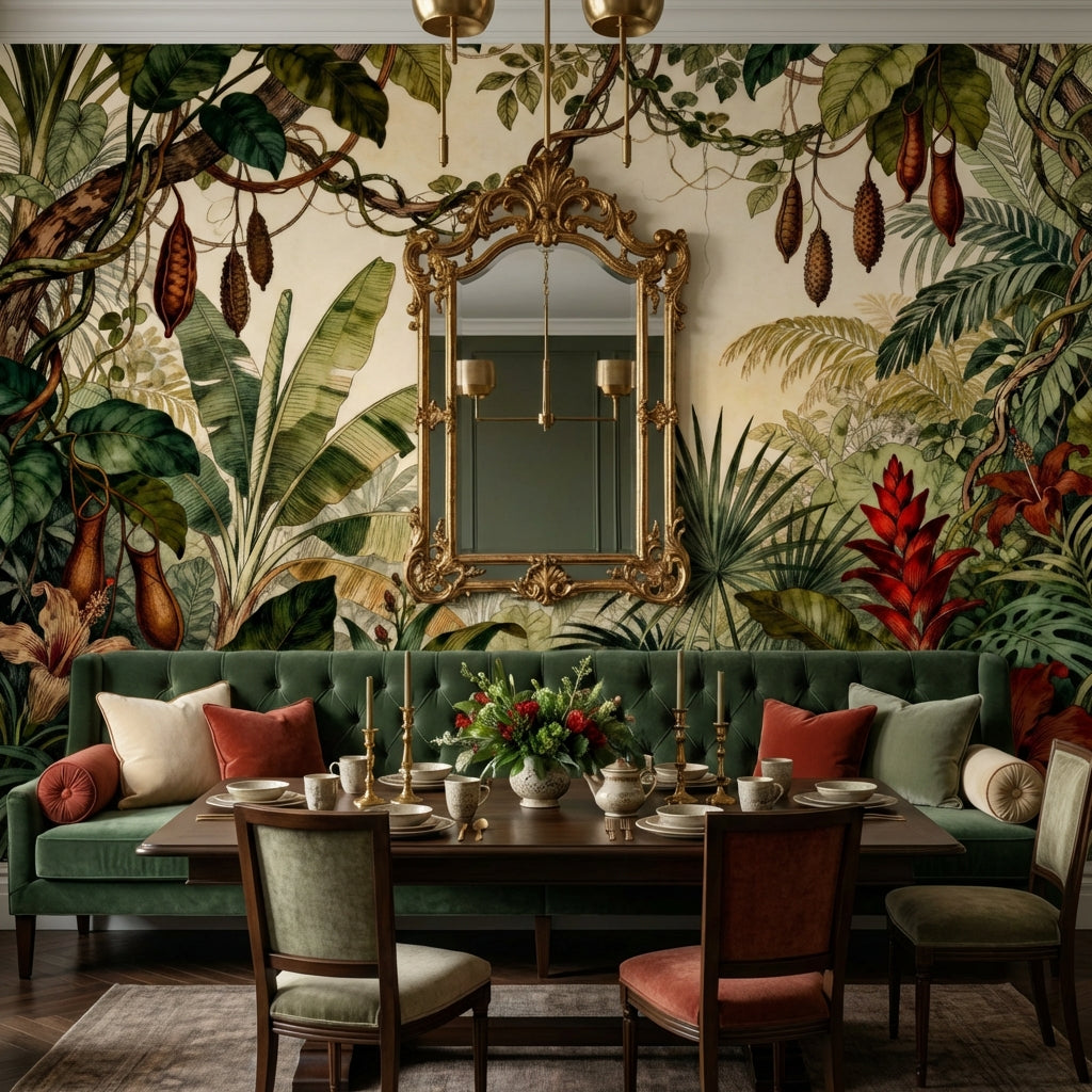Vintage Botanical Rainforest Mural Sepia Banana Leaf and Red Hibiscus – detail view, Golden Era Walls