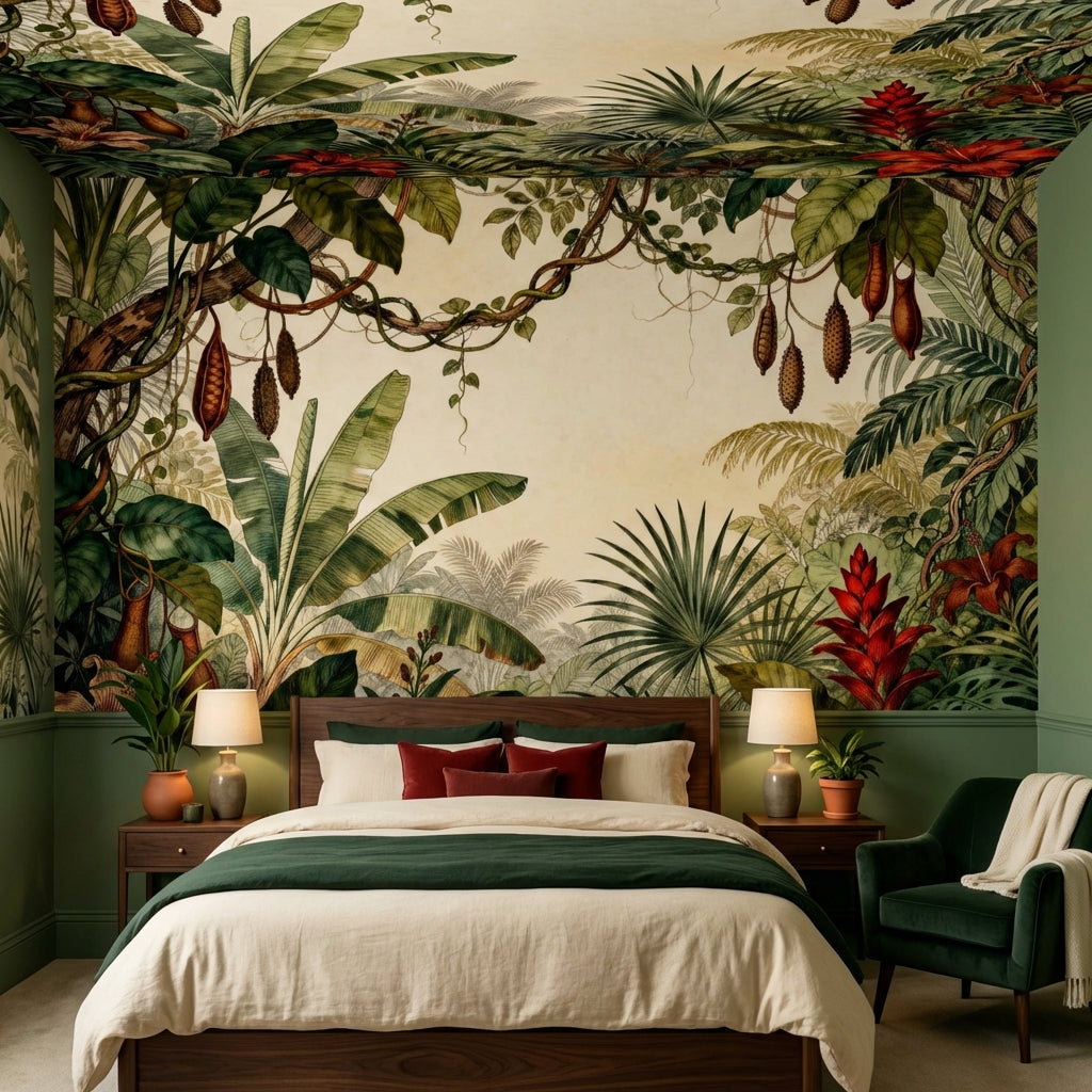 Vintage Botanical Rainforest Mural Sepia Banana Leaf and Red Hibiscus – scale reference, Golden Era Walls