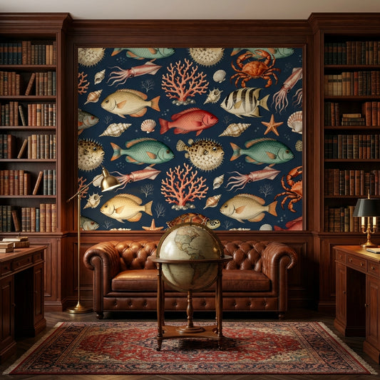 Vintage Marine Biology Wallpaper Dark Academia Ocean Mural – peel and stick wallpaper mural, Golden Era Walls
