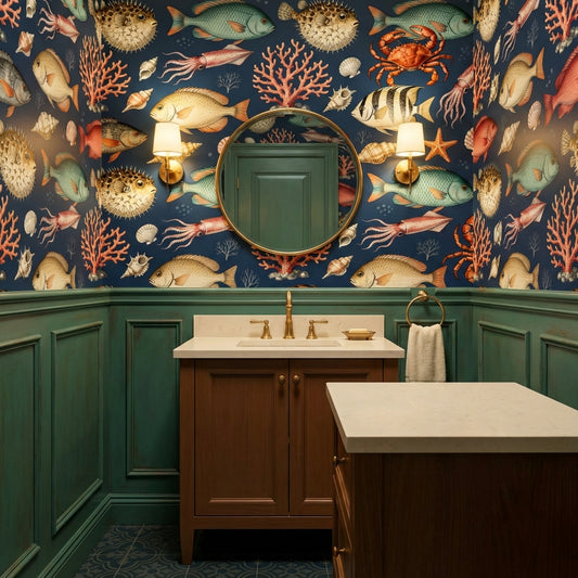 Vintage Marine Biology Wallpaper Dark Academia Ocean Mural – room setting, Golden Era Walls