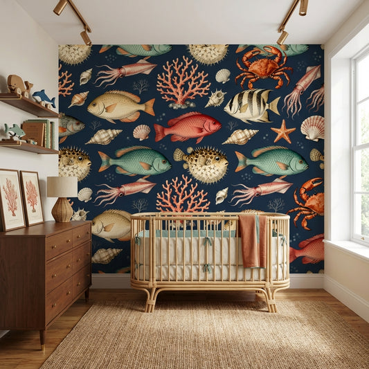 Vintage Marine Biology Wallpaper Dark Academia Ocean Mural – lifestyle view, Golden Era Walls
