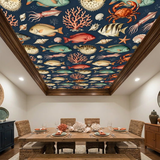 Vintage Marine Biology Wallpaper Dark Academia Ocean Mural – detail view, Golden Era Walls