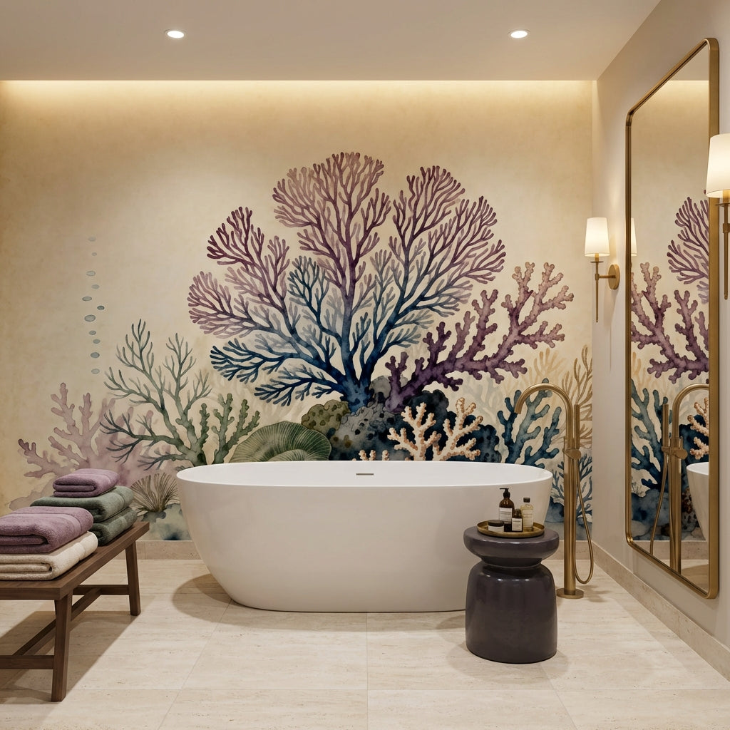 Vintage Watercolor Coral Reef Mural Ocean Botanical Coastal Nursery – peel and stick wallpaper mural, Golden Era Walls