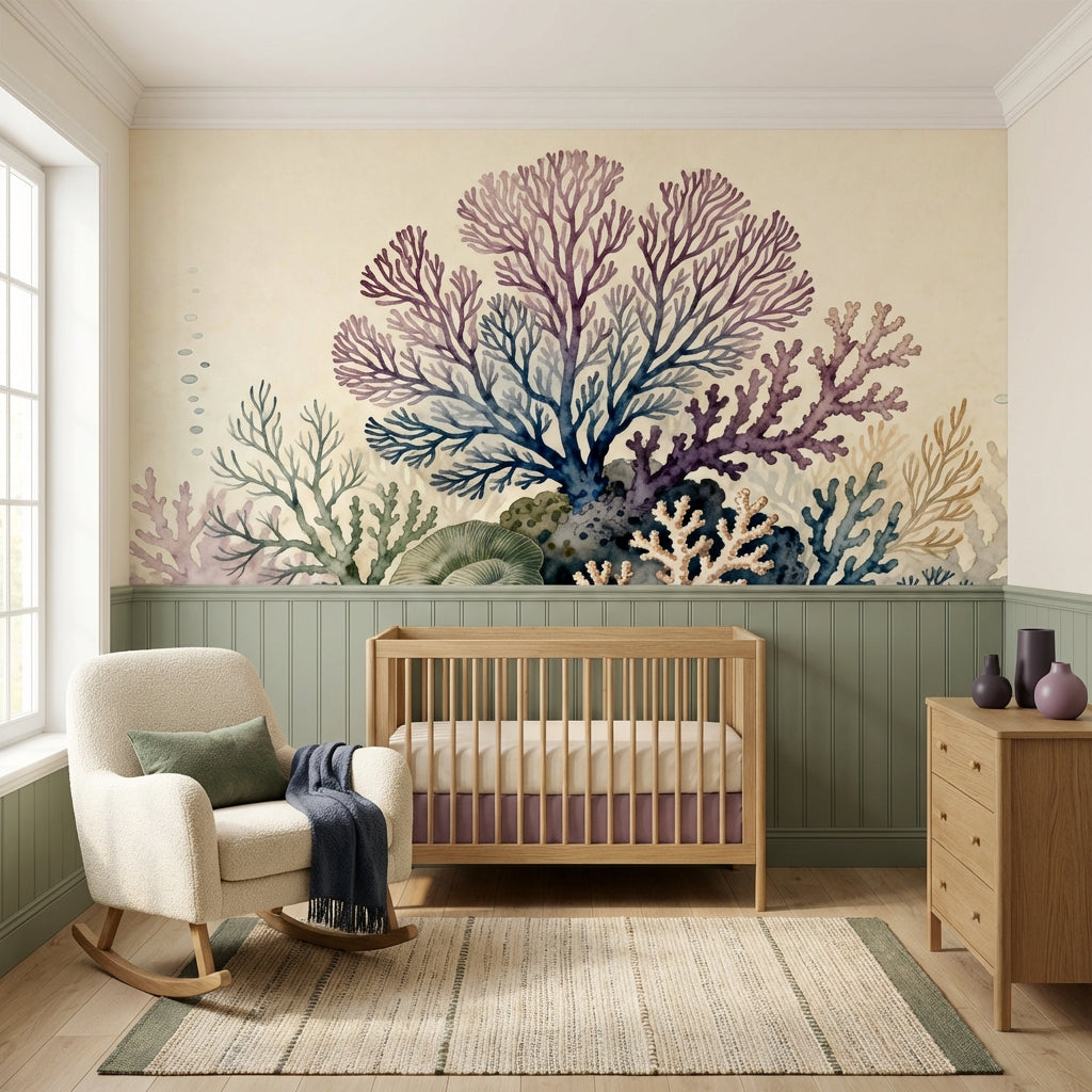 Vintage Watercolor Coral Reef Mural Ocean Botanical Coastal Nursery – room setting, Golden Era Walls