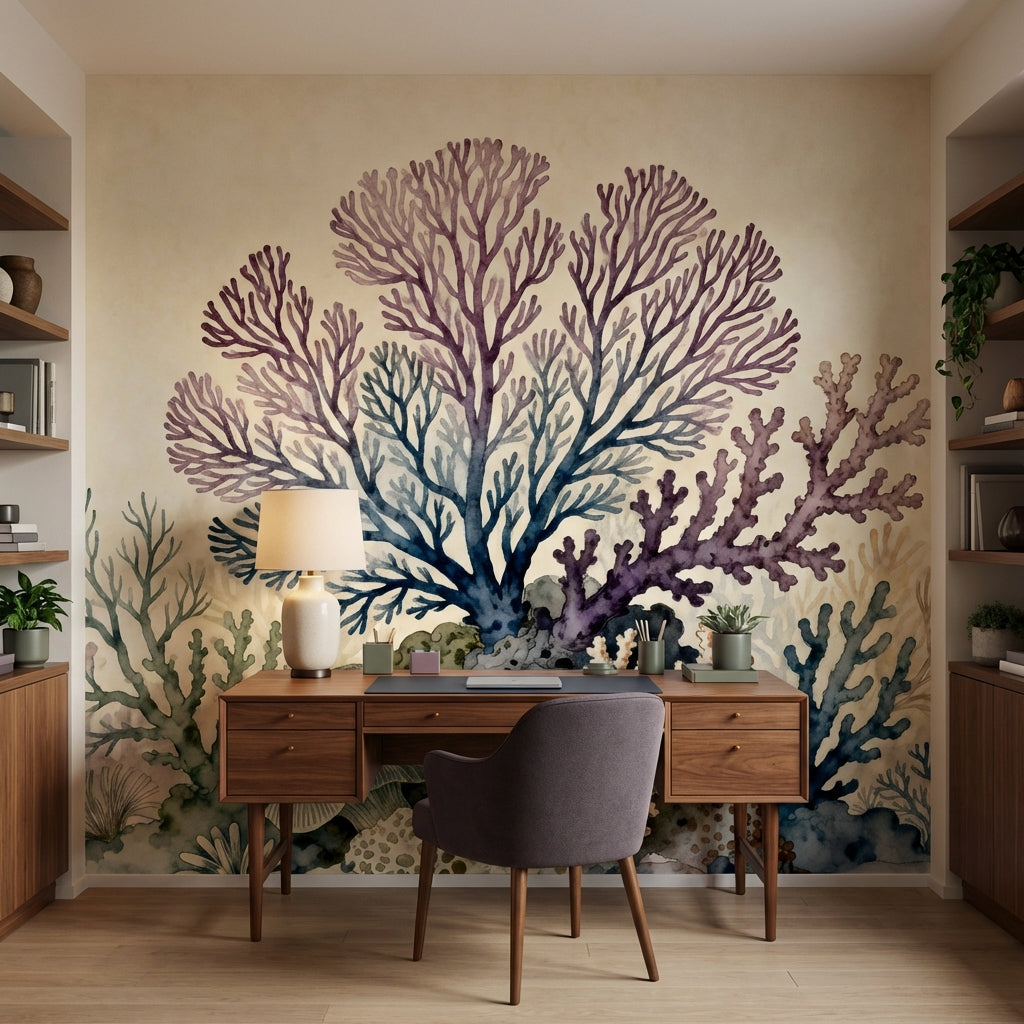 Vintage Watercolor Coral Reef Mural Ocean Botanical Coastal Nursery – lifestyle view, Golden Era Walls