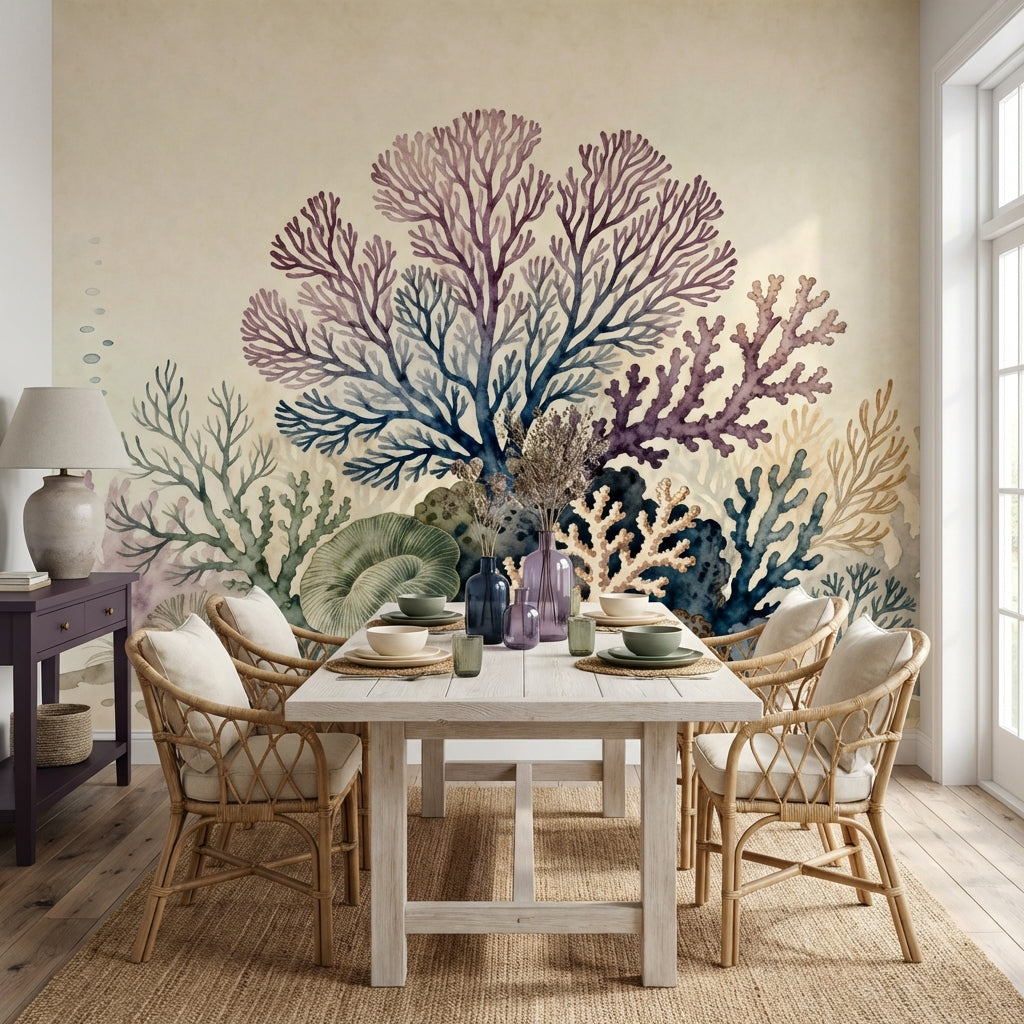 Vintage Watercolor Coral Reef Mural Ocean Botanical Coastal Nursery – detail view, Golden Era Walls