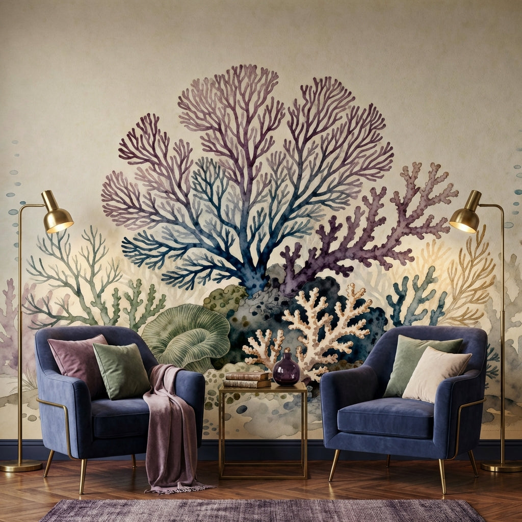 Vintage Watercolor Coral Reef Mural Ocean Botanical Coastal Nursery – scale reference, Golden Era Walls