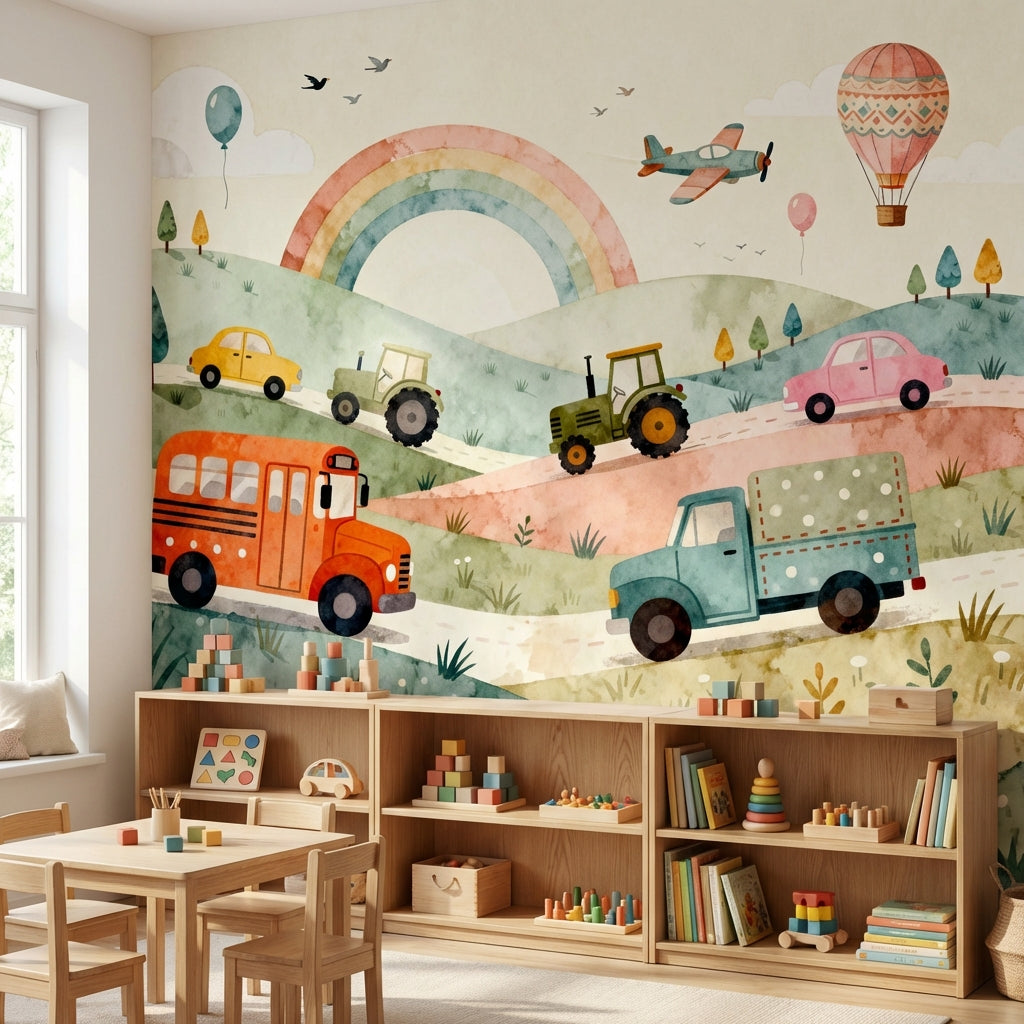 Vintage Watercolor Transportation Mural Storybook Vehicle Landscape – room setting, Golden Era Walls