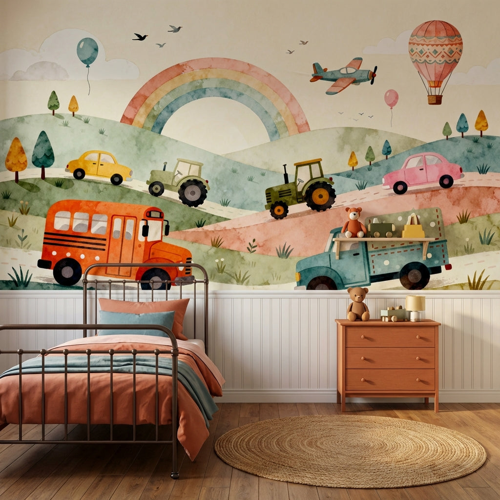Vintage Watercolor Transportation Mural Storybook Vehicle Landscape – lifestyle view, Golden Era Walls