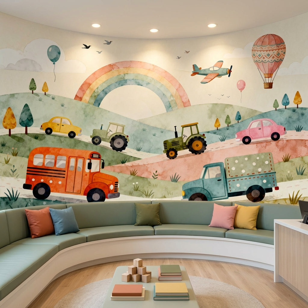 Vintage Watercolor Transportation Mural Storybook Vehicle Landscape – detail view, Golden Era Walls