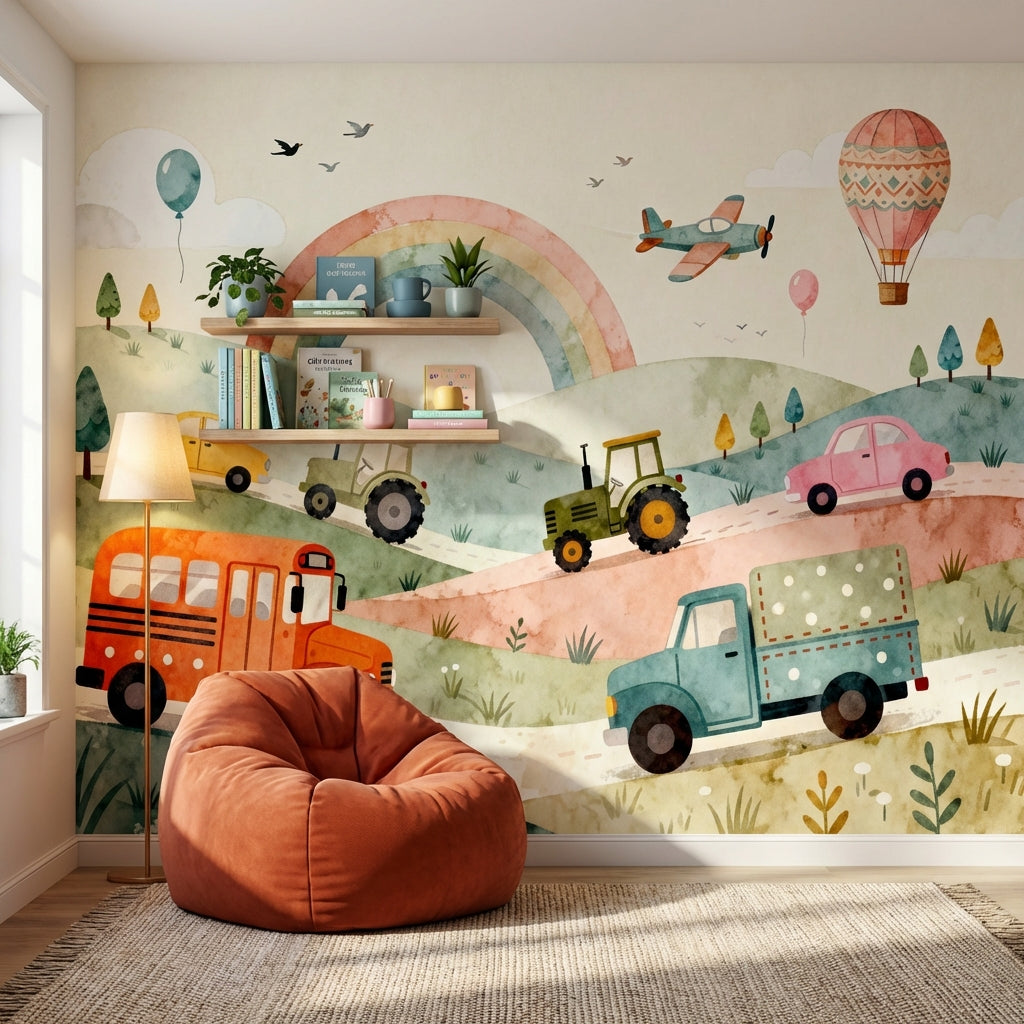 Vintage Watercolor Transportation Mural Storybook Vehicle Landscape – scale reference, Golden Era Walls