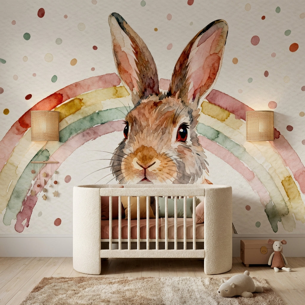 Watercolor Bunny Portrait Mural Rainbow Arch Earthy Nursery – peel and stick wallpaper mural, Golden Era Walls