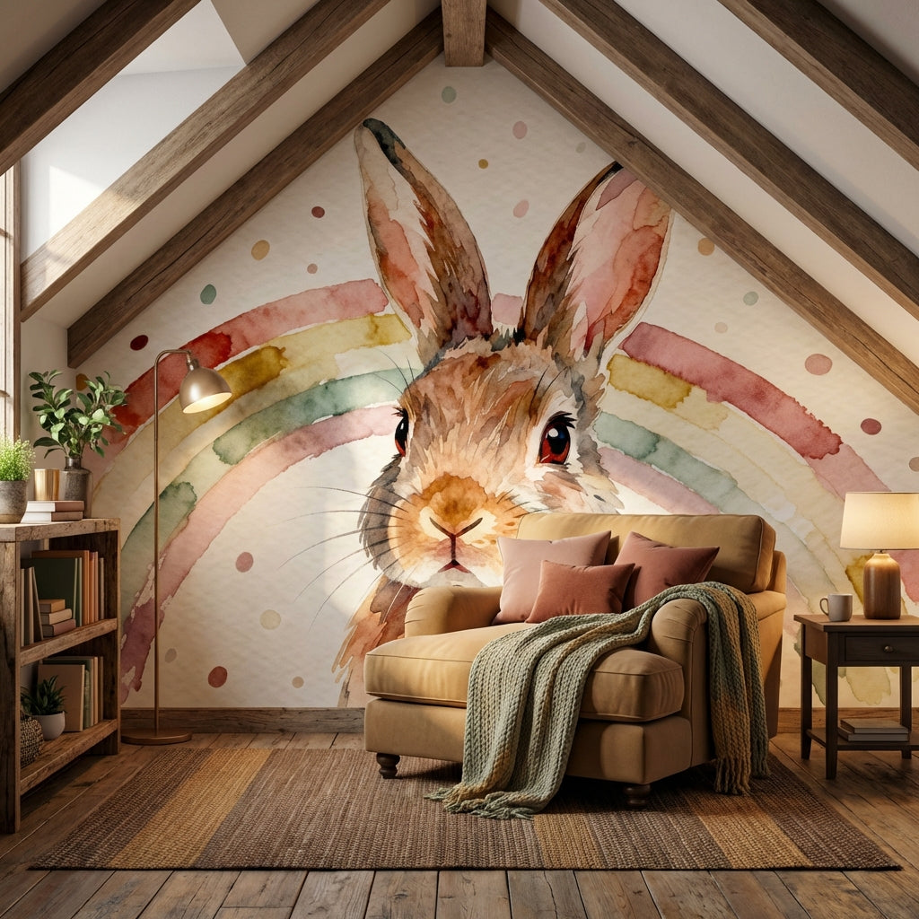 Watercolor Bunny Portrait Mural Rainbow Arch Earthy Nursery – room setting, Golden Era Walls