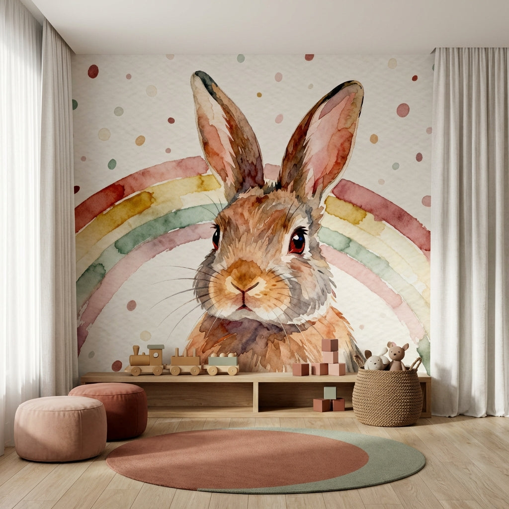 Watercolor Bunny Portrait Mural Rainbow Arch Earthy Nursery – lifestyle view, Golden Era Walls