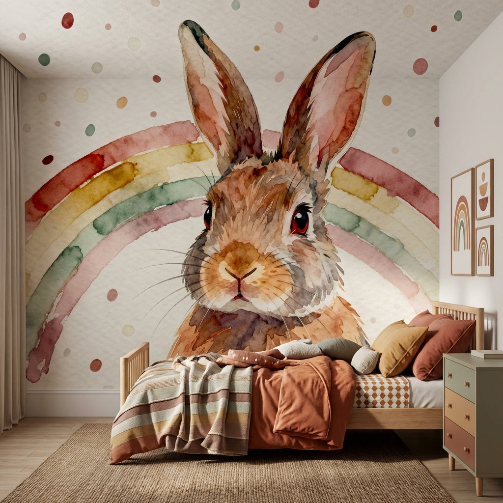 Watercolor Bunny Portrait Mural Rainbow Arch Earthy Nursery – detail view, Golden Era Walls