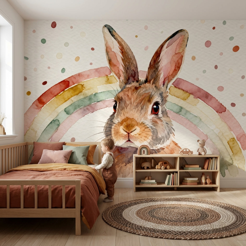 Watercolor Bunny Portrait Mural Rainbow Arch Earthy Nursery – scale reference, Golden Era Walls