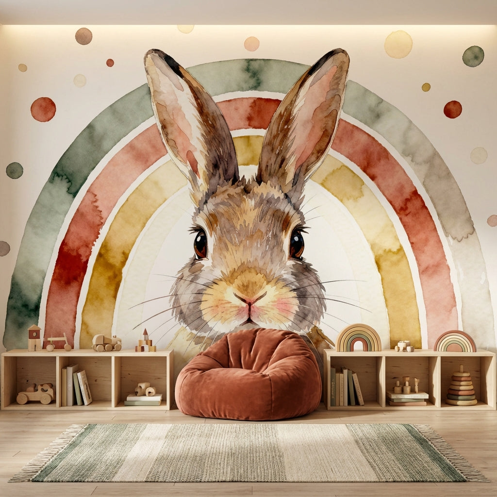 Watercolor Bunny Rainbow Mural Earthy Sage Rust Nursery – room setting, Golden Era Walls