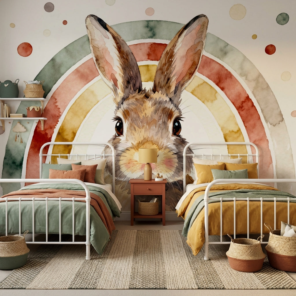 Watercolor Bunny Rainbow Mural Earthy Sage Rust Nursery – lifestyle view, Golden Era Walls