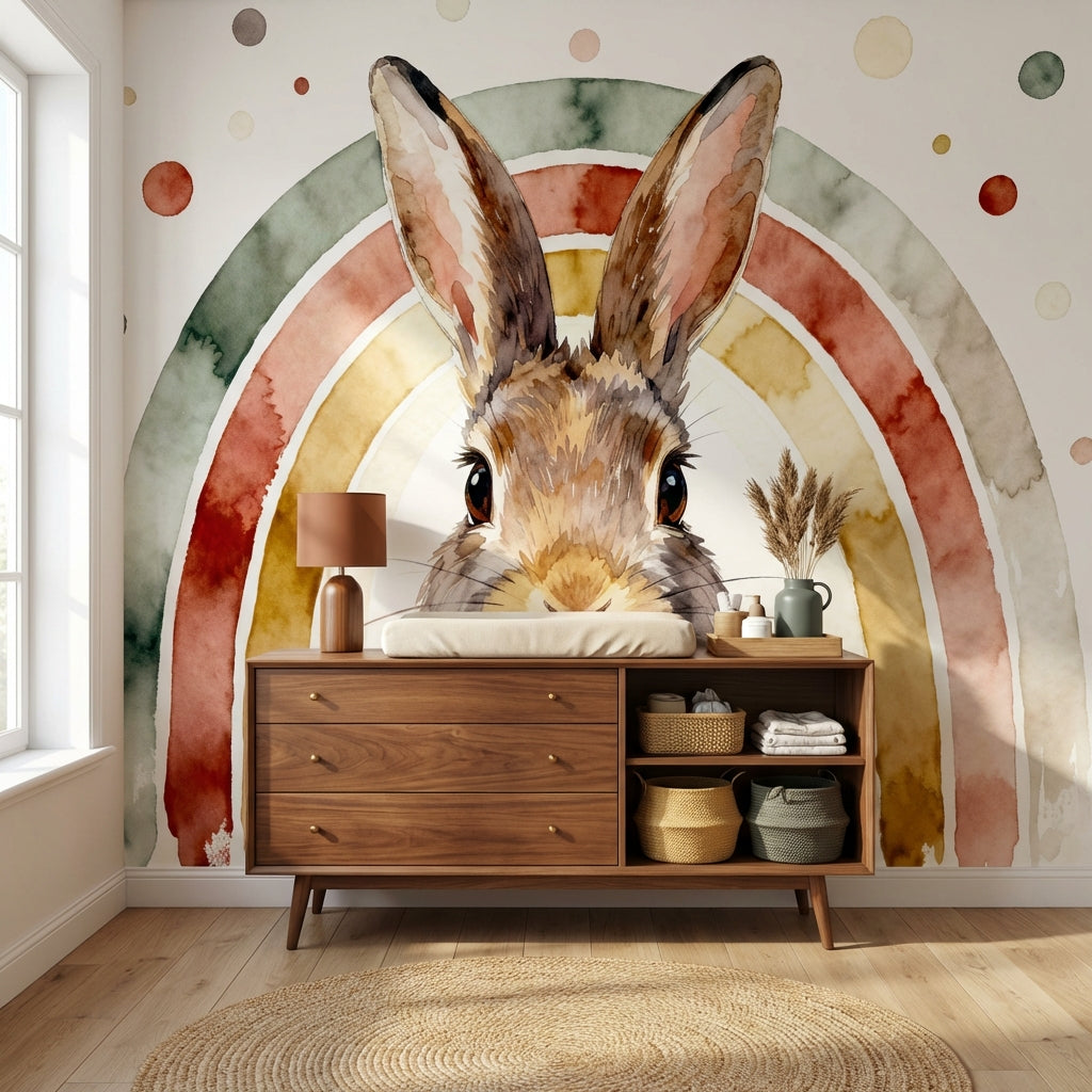 Watercolor Bunny Rainbow Mural Earthy Sage Rust Nursery – detail view, Golden Era Walls