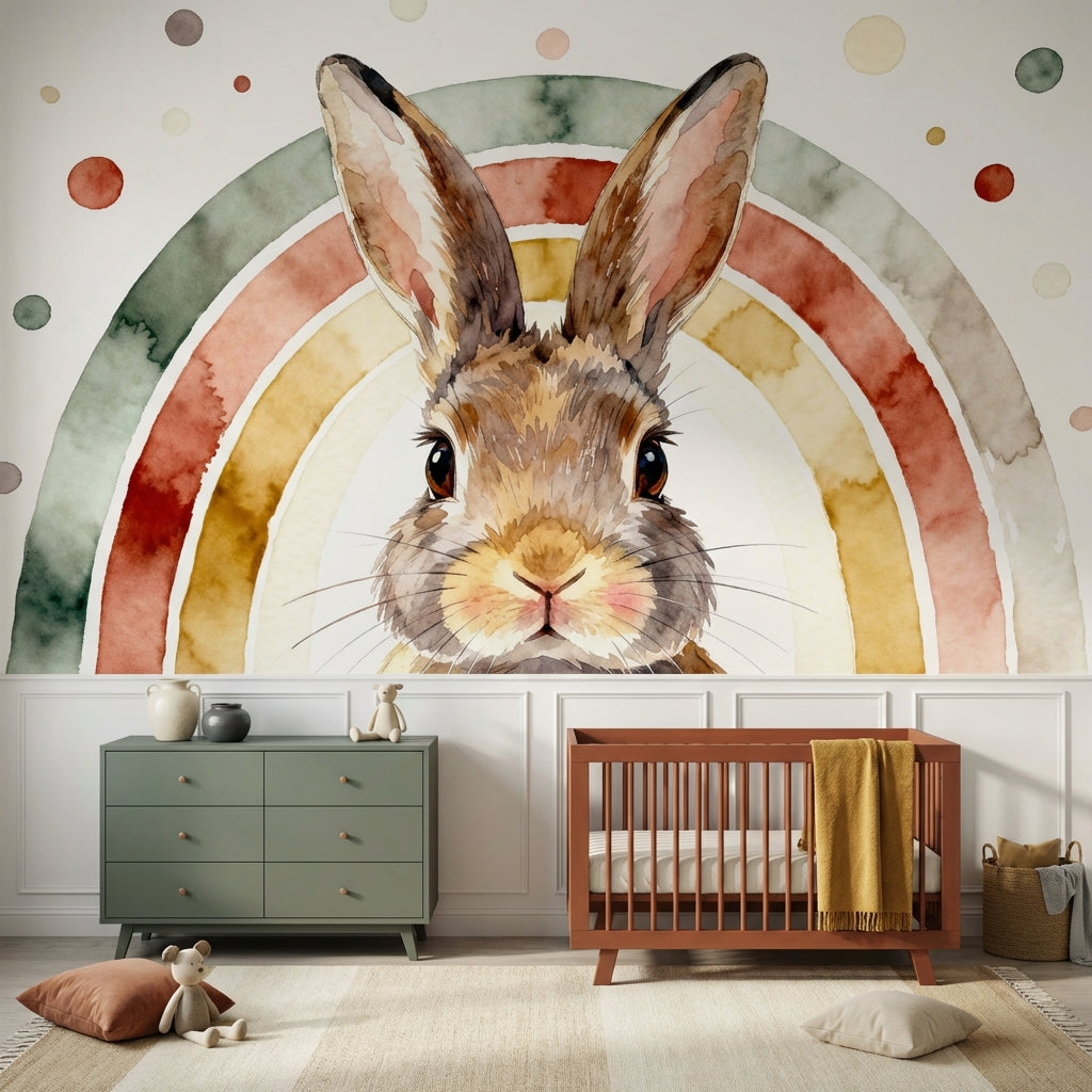Watercolor Bunny Rainbow Mural Earthy Sage Rust Nursery – scale reference, Golden Era Walls