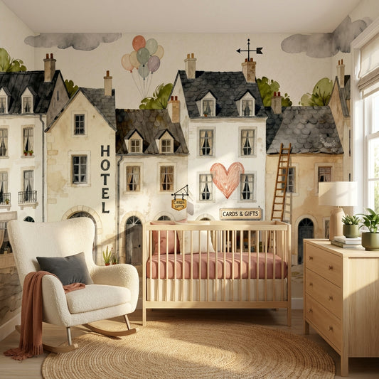 Whimsical French Village Street Watercolor Mural Storybook Hotel – peel and stick wallpaper mural, Golden Era Walls