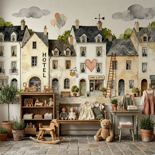 Whimsical French Village Street Watercolor Mural Storybook Hotel – room setting, Golden Era Walls