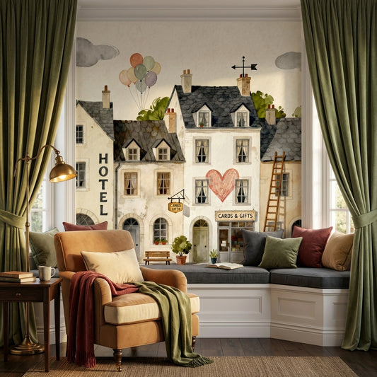 Whimsical French Village Street Watercolor Mural Storybook Hotel – lifestyle view, Golden Era Walls