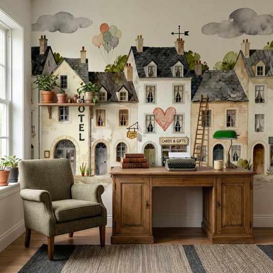 Whimsical French Village Street Watercolor Mural Storybook Hotel – detail view, Golden Era Walls