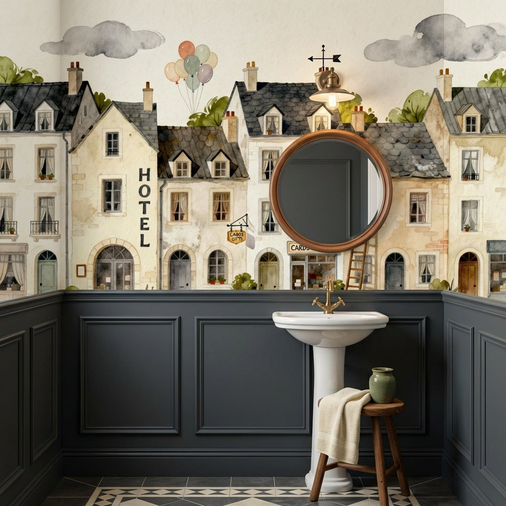 Whimsical French Village Street Watercolor Mural Storybook Hotel – scale reference, Golden Era Walls