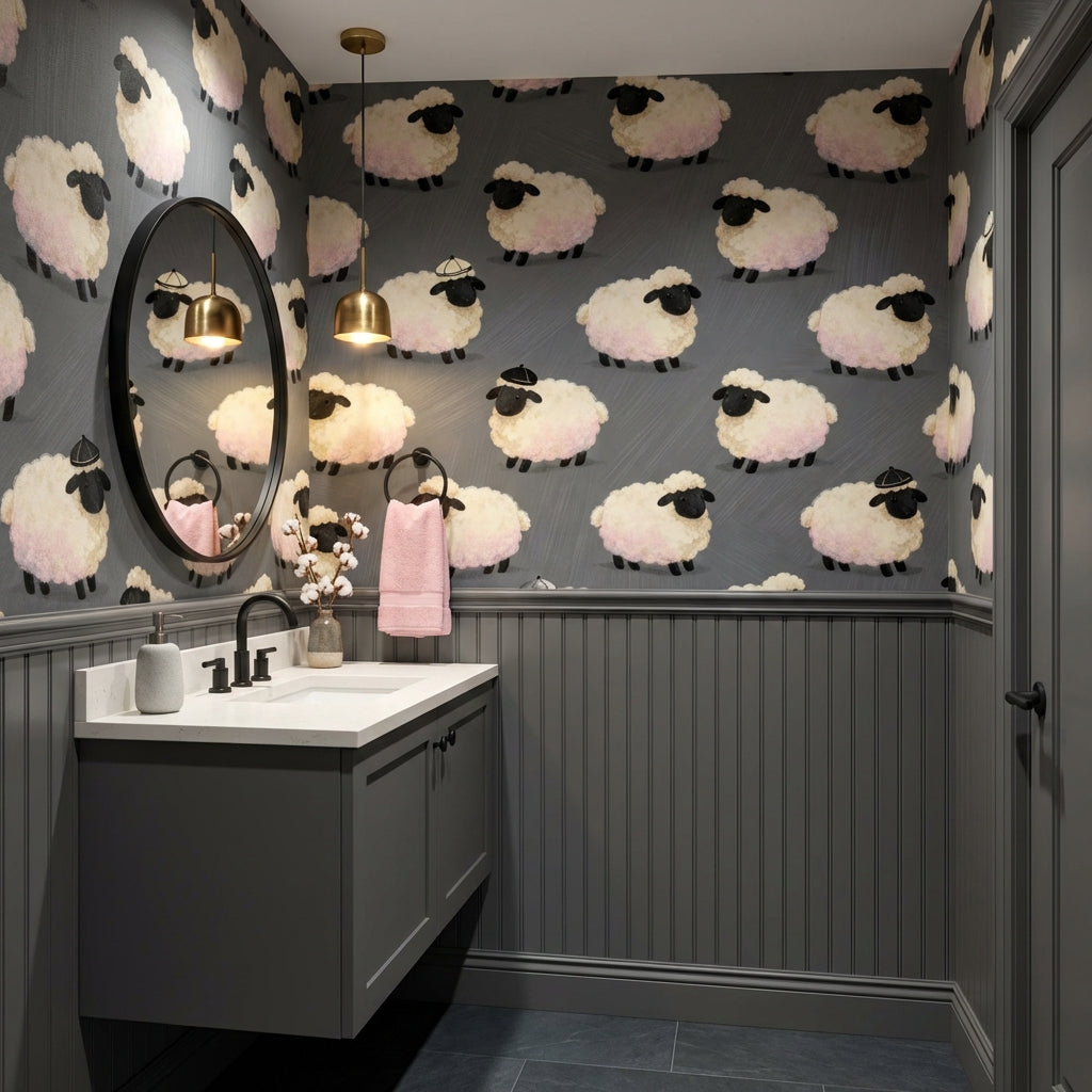 Whimsical Sheep in Berets Wallpaper Animalcore Mural French Countryside Nursery – room setting, Golden Era Walls