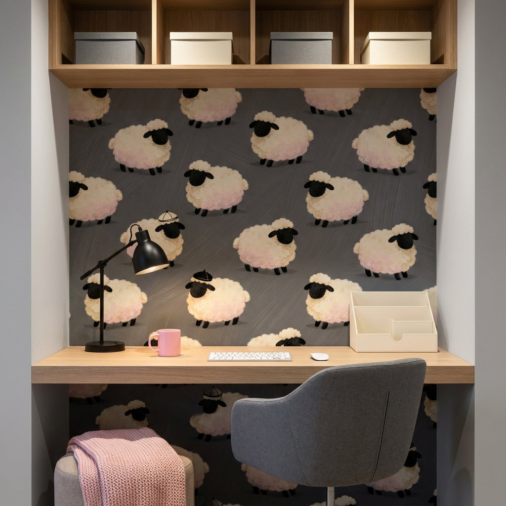 Whimsical Sheep in Berets Wallpaper Animalcore Mural French Countryside Nursery – detail view, Golden Era Walls