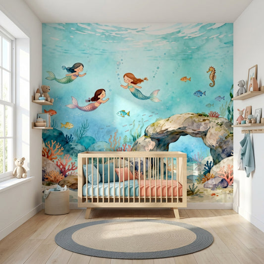 Whimsical Watercolor Mermaid Mural Luxury Nursery Wallpaper – peel and stick wallpaper mural, Golden Era Walls