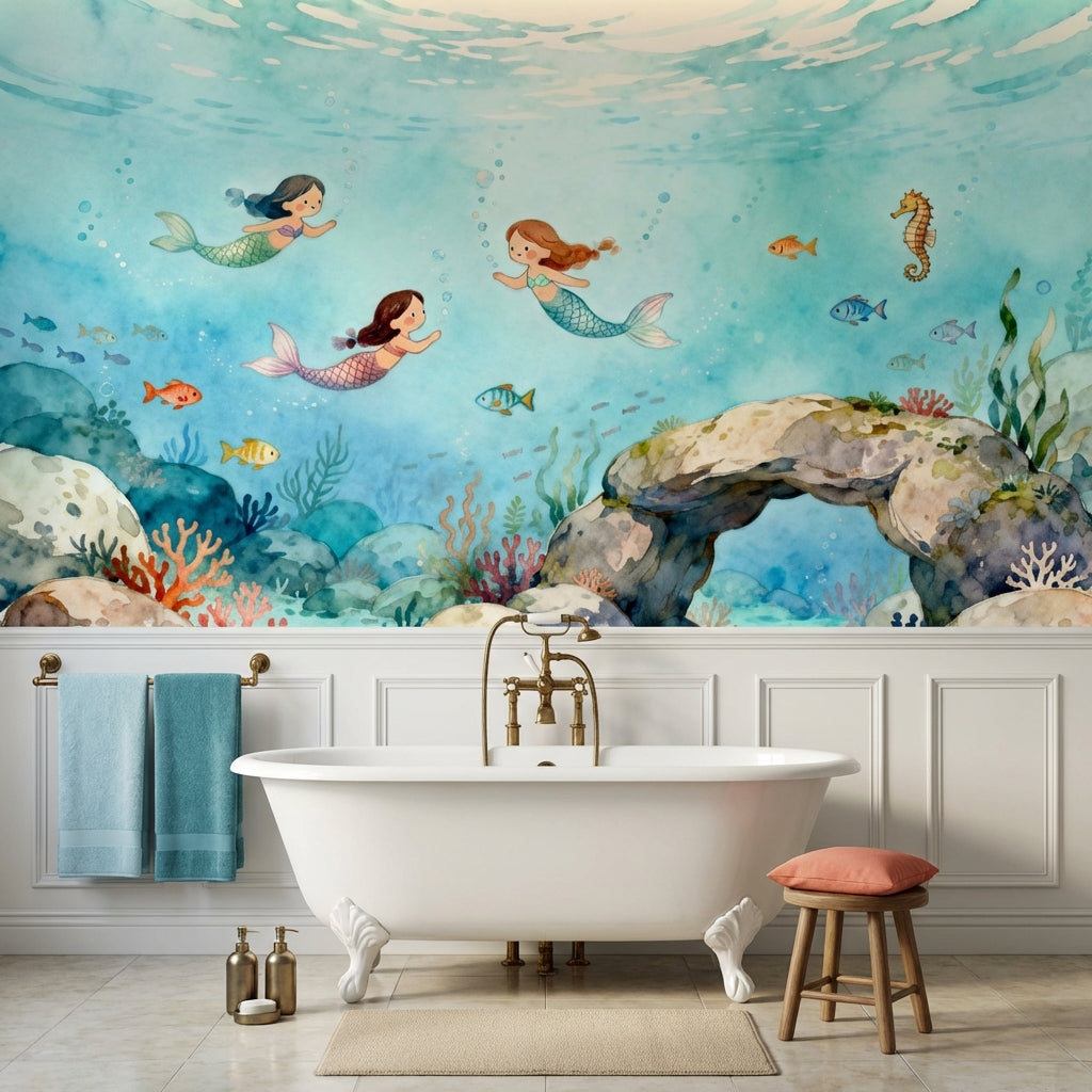 Whimsical Watercolor Mermaid Mural Luxury Nursery Wallpaper – room setting, Golden Era Walls