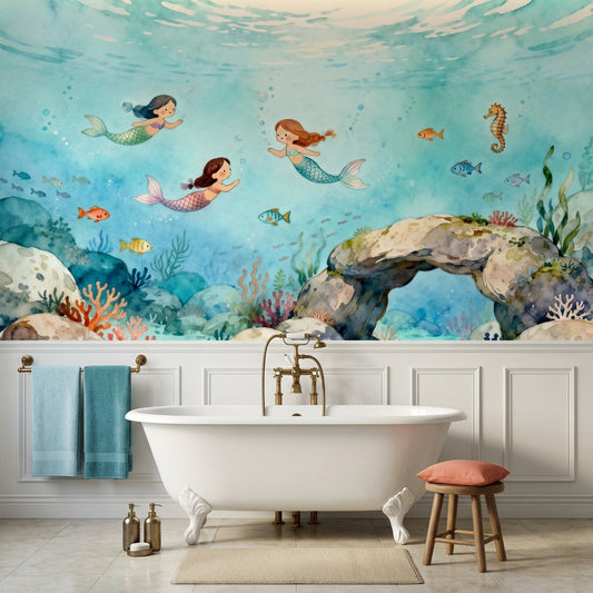 Whimsical Watercolor Mermaid Mural Luxury Nursery Wallpaper – room setting, Golden Era Walls